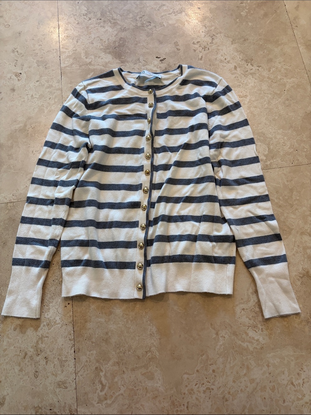 Striped Crewneck Button-Front Women's Cardigan - White and Grey